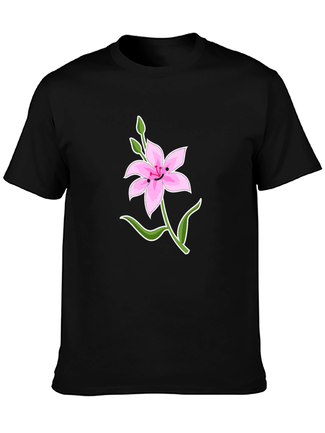 Black T-Shirt with Smiling Pink Lily Graphic