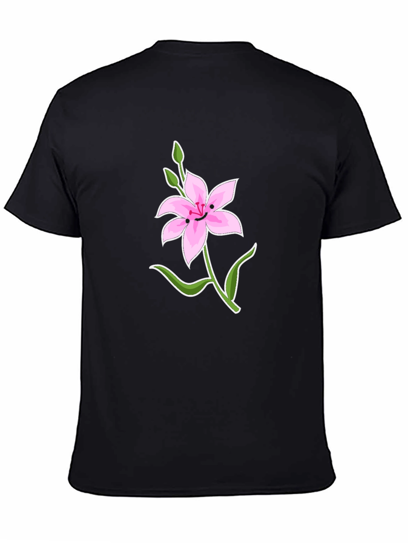 Black T-Shirt with Smiling Pink Lily Graphic