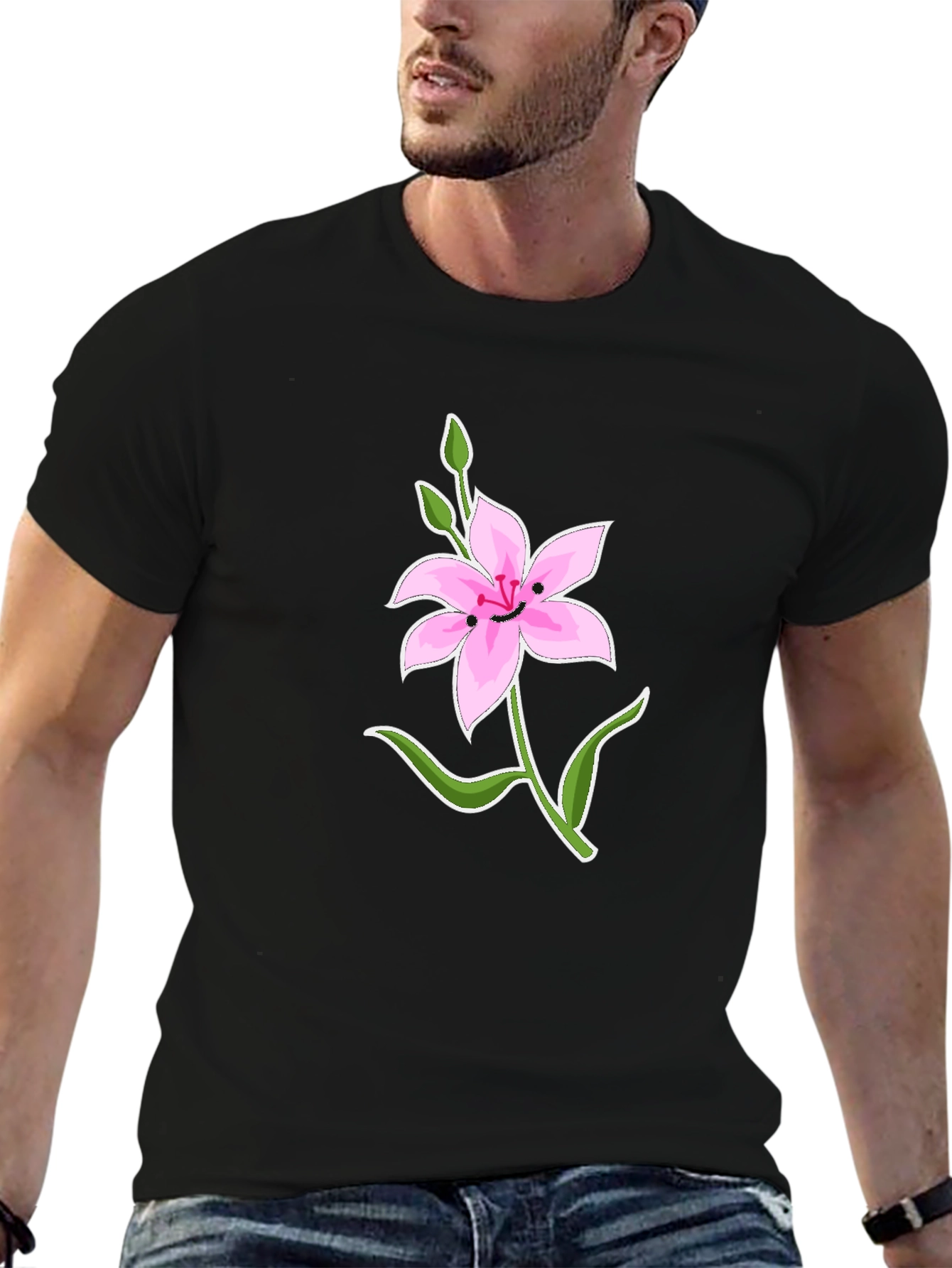 Black T-Shirt with Smiling Pink Lily Graphic