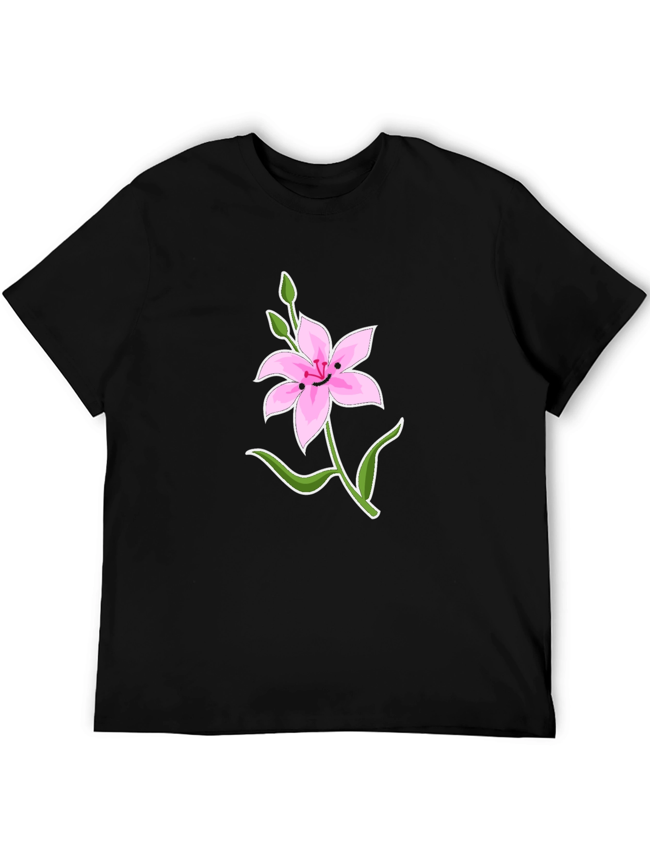 Black T-Shirt with Smiling Pink Lily Graphic