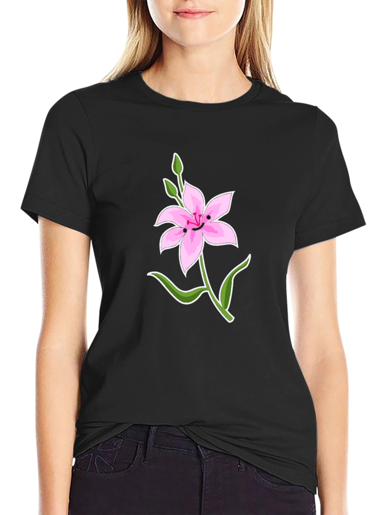 Black T-Shirt with Smiling Pink Lily Graphic