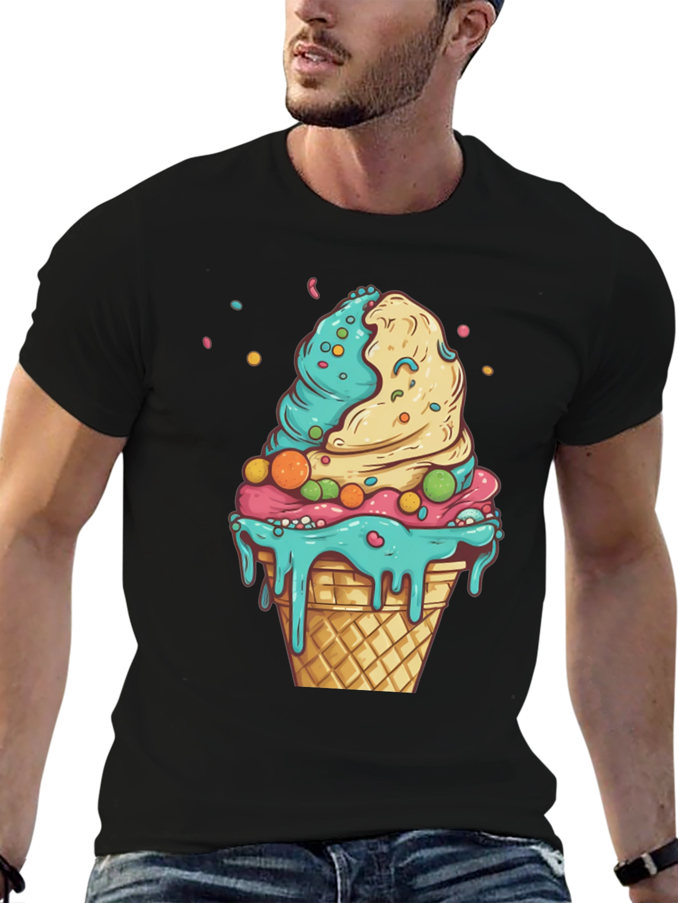 Ice Cream Cone Graphic Tee - Black Cotton Shirt