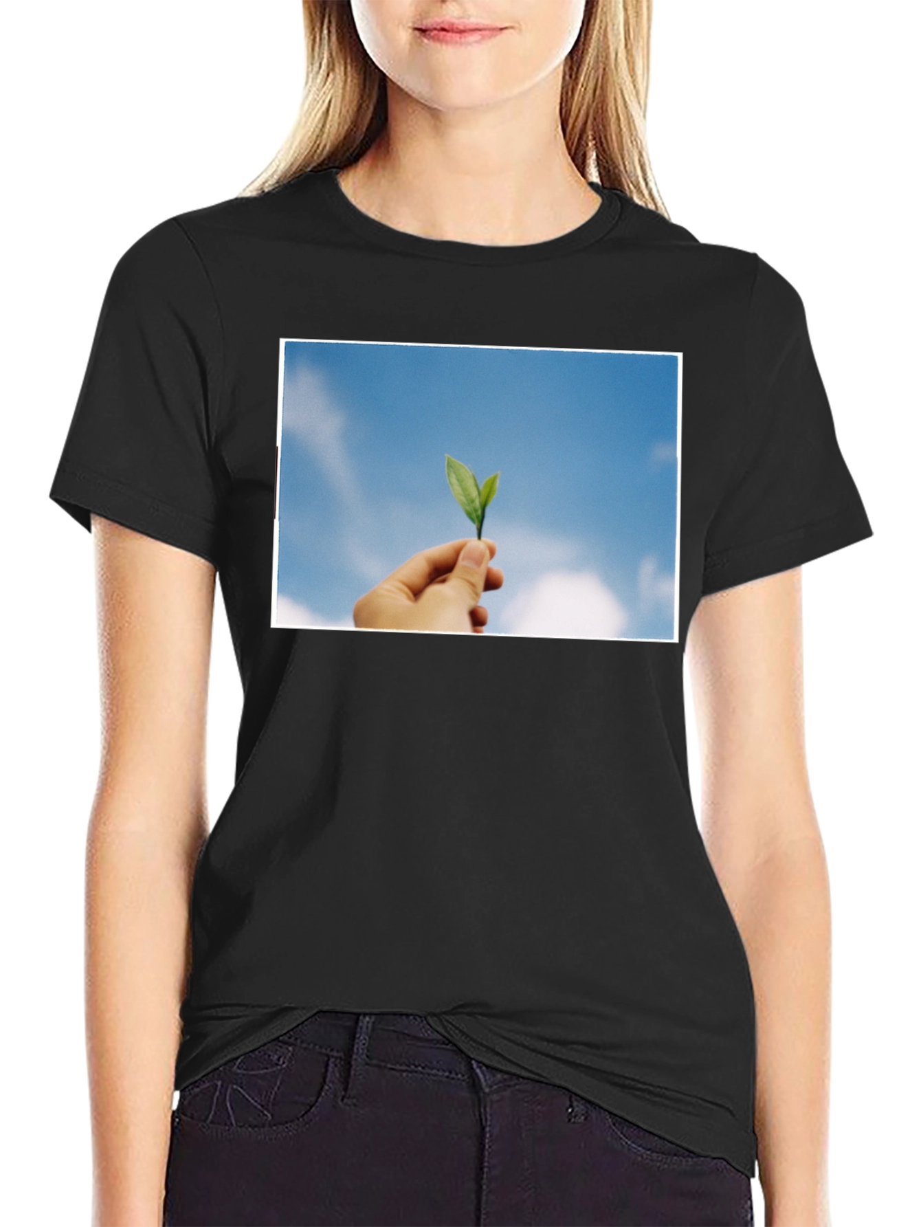 Leaf in Hand Graphic Black T-Shirt