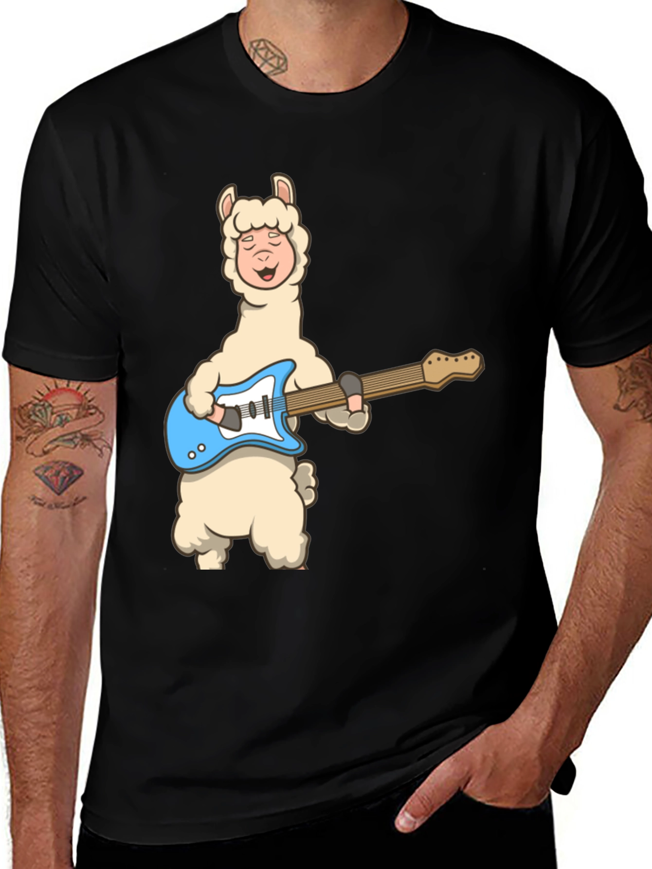 Llama Guitar Player Black T-Shirt