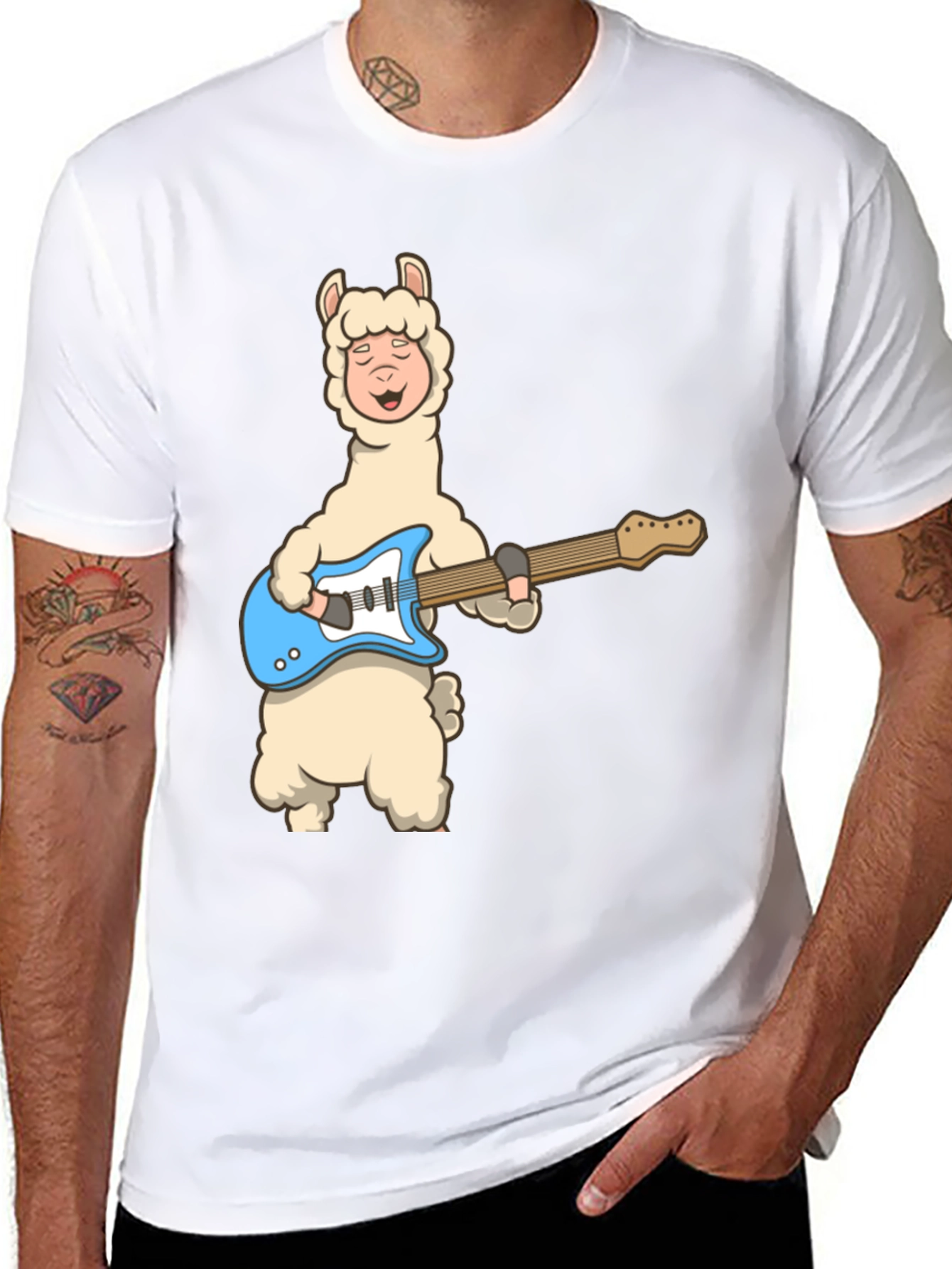 Llama Guitar Player Black T-Shirt