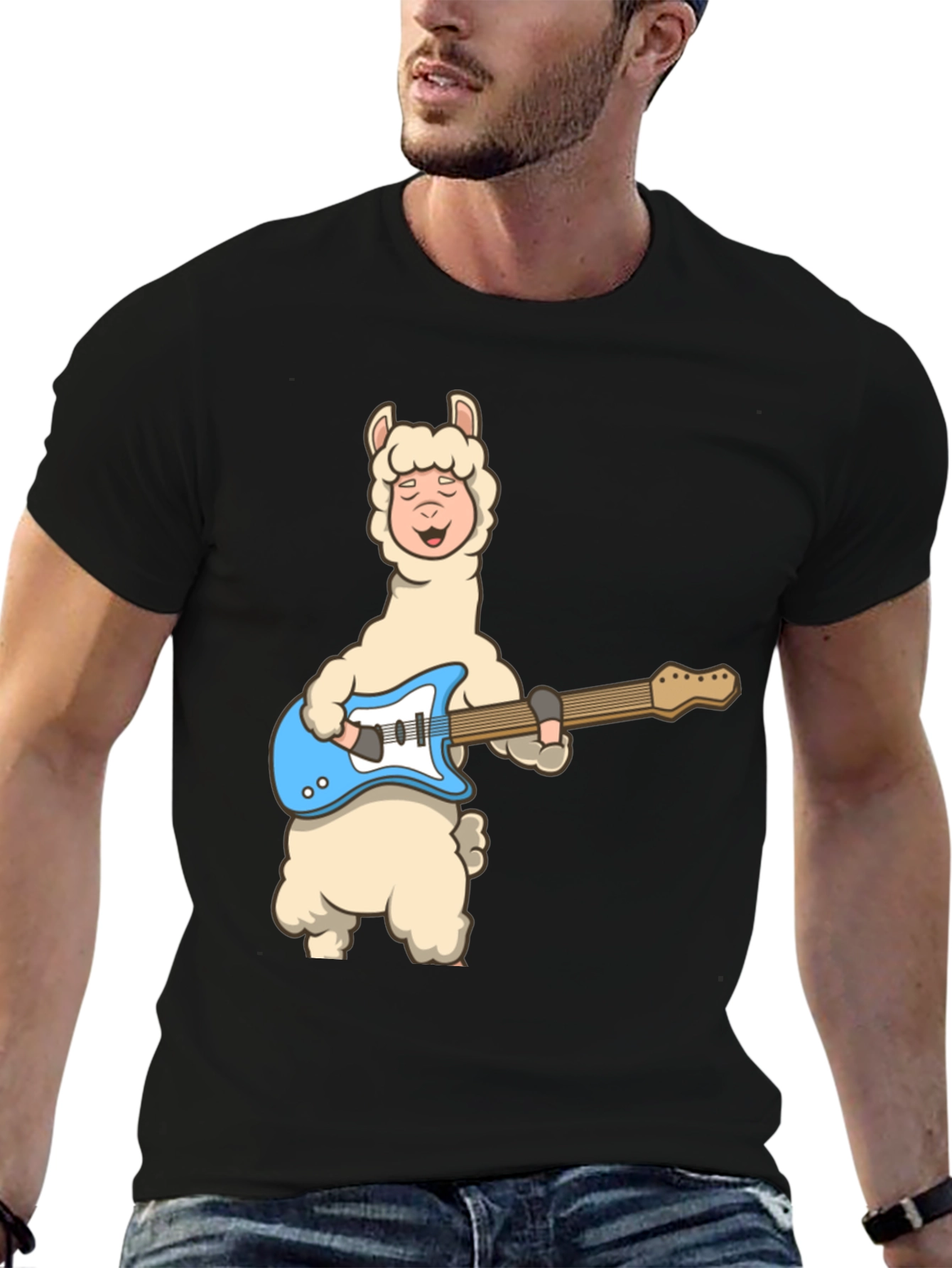 Llama Guitar Player Black T-Shirt
