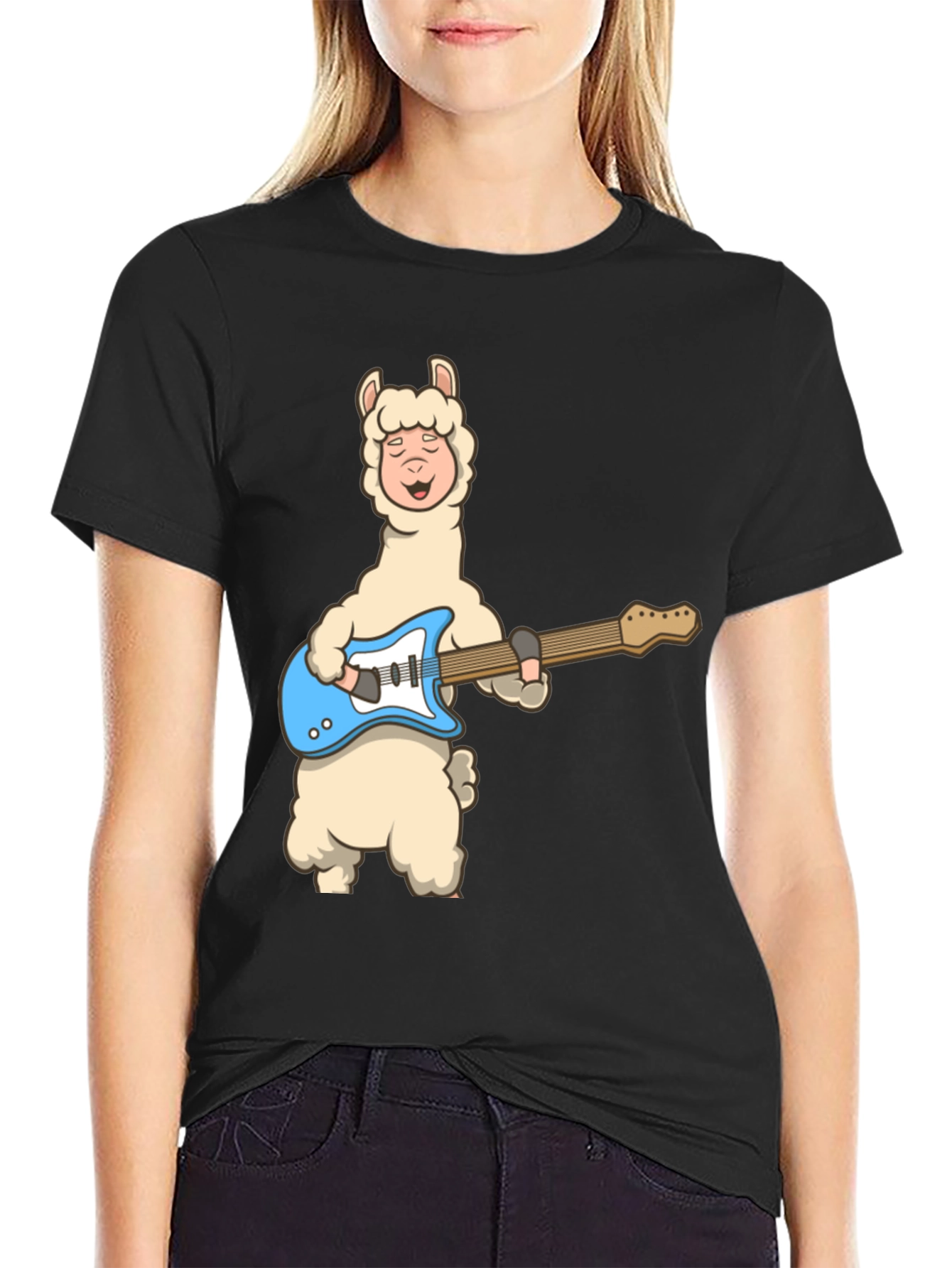 Llama Guitar Player Black T-Shirt