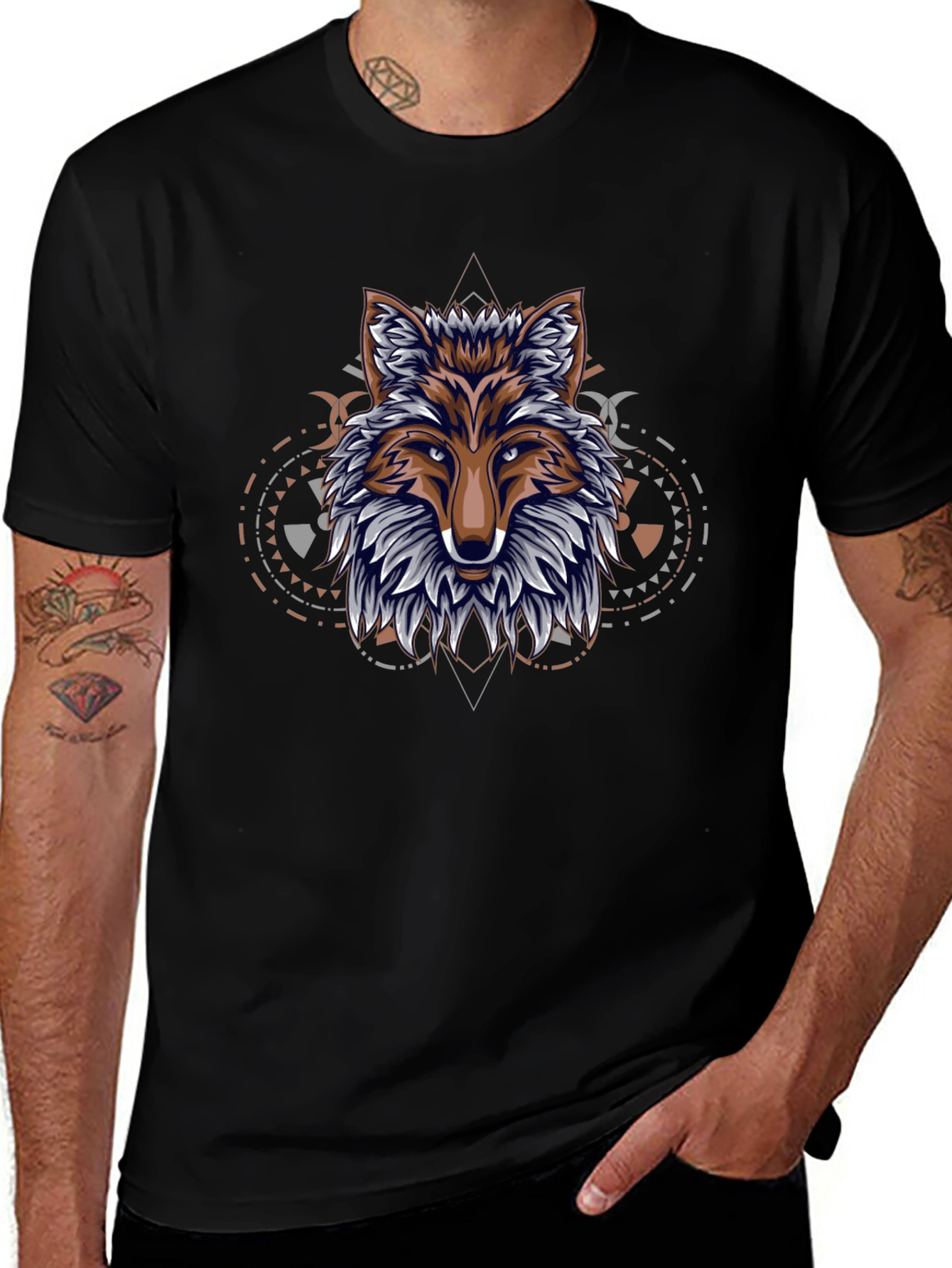 Geometric Fox Graphic Black T-Shirt