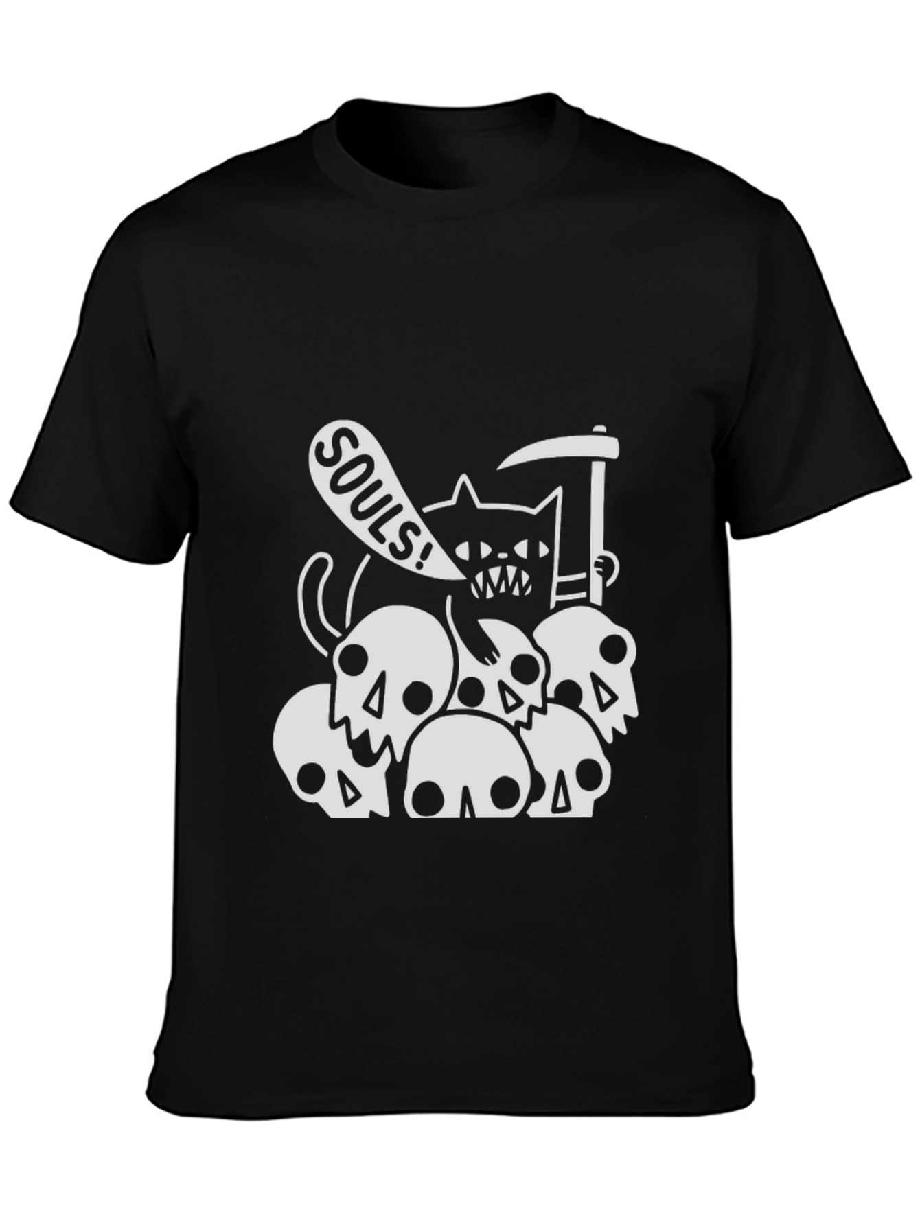 Grim Reaper Cat on Skulls T-Shirt - Black