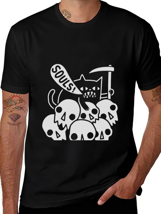 Grim Reaper Cat on Skulls T-Shirt - Black