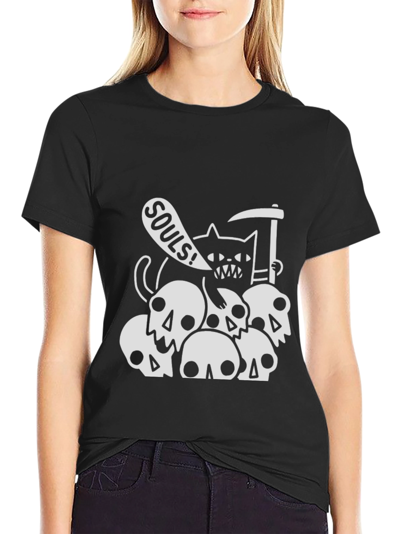 Grim Reaper Cat on Skulls T-Shirt - Black