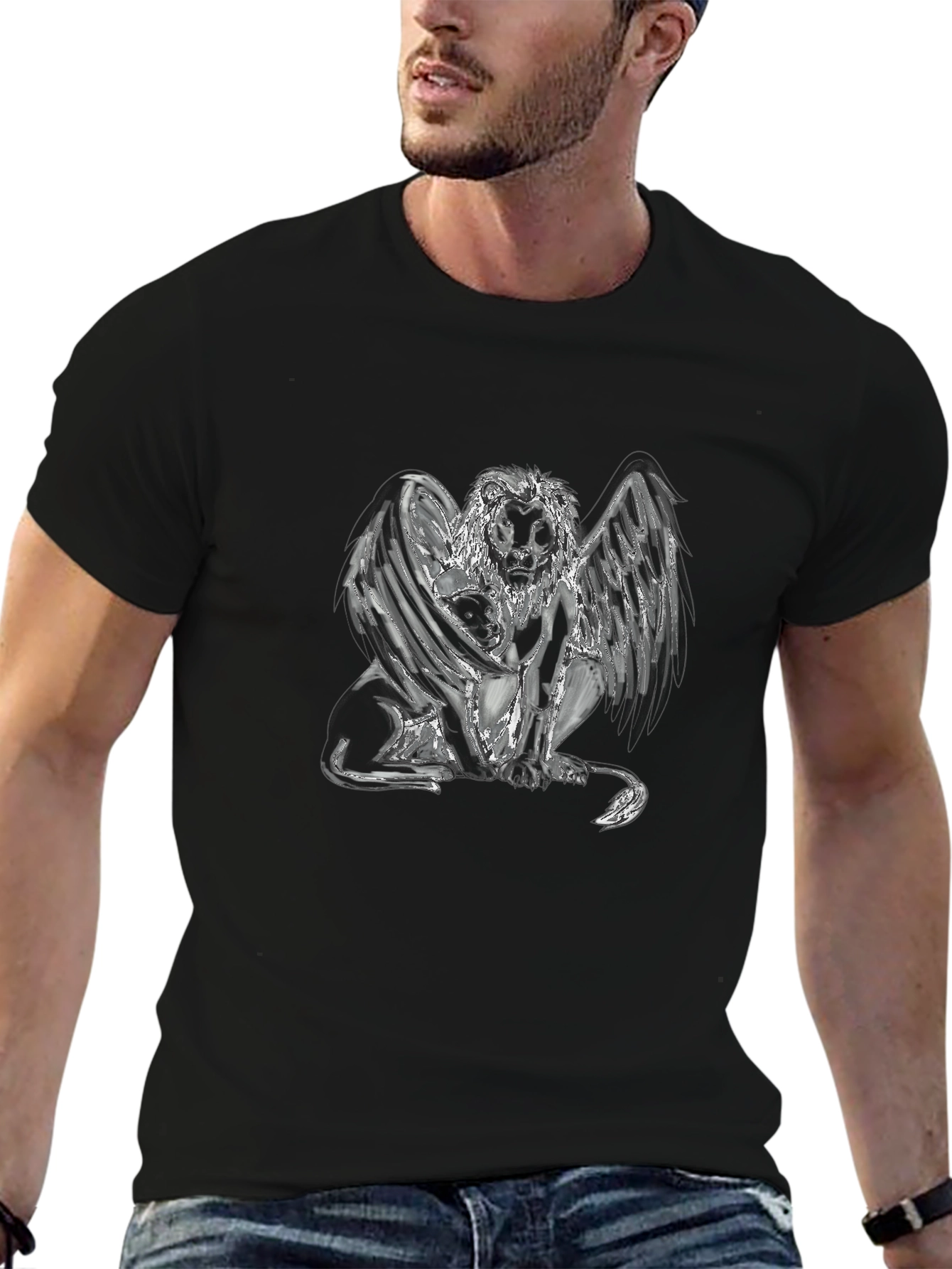 Winged Lion Graphic Tee - Black Cotton Shirt