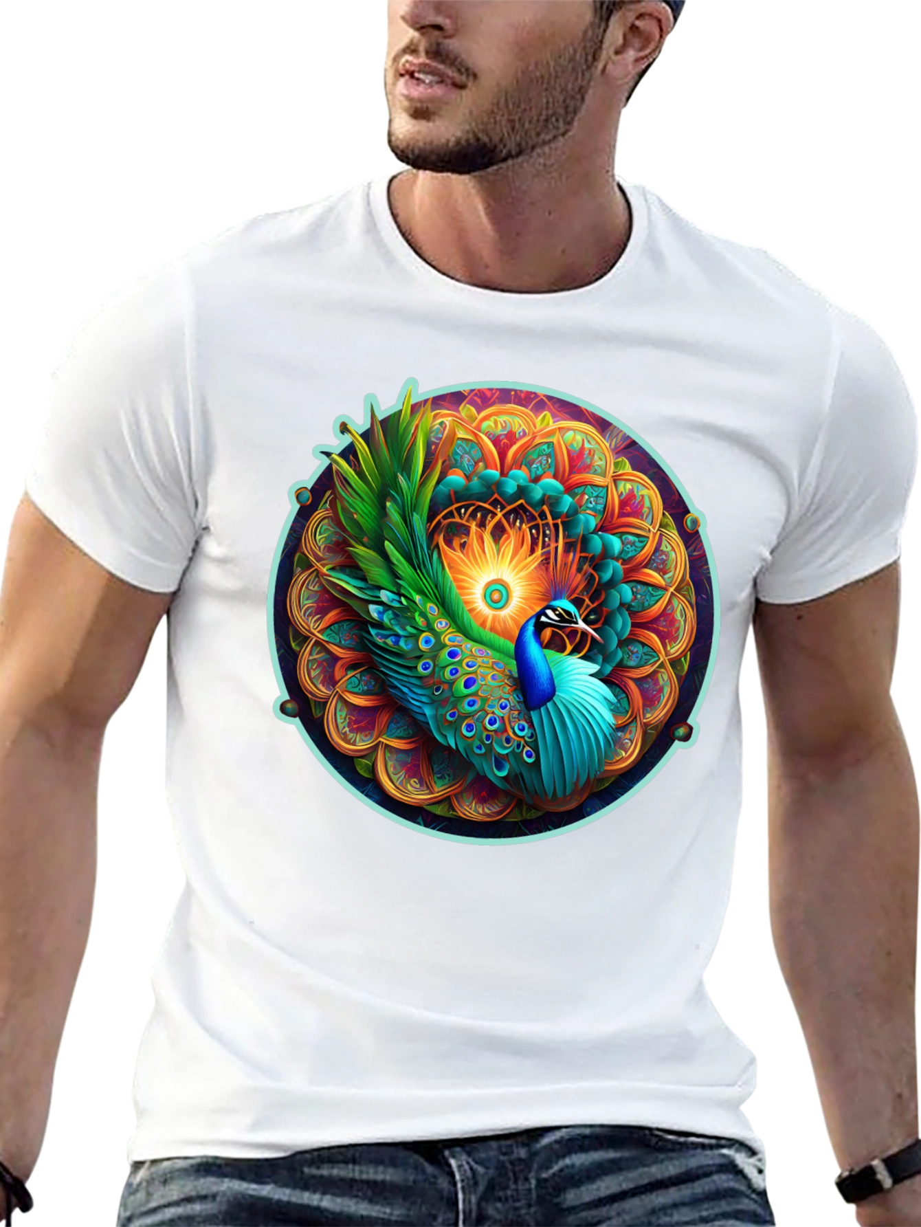 Peacock Mandala Graphic Tee - Vibrant Artistic Design