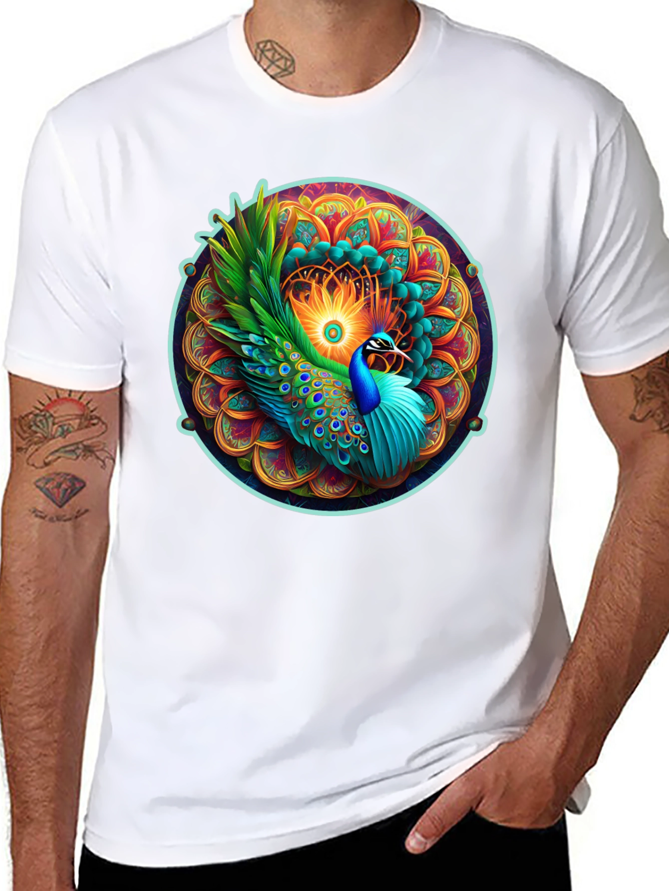 Peacock Mandala Graphic Tee - Vibrant Artistic Design
