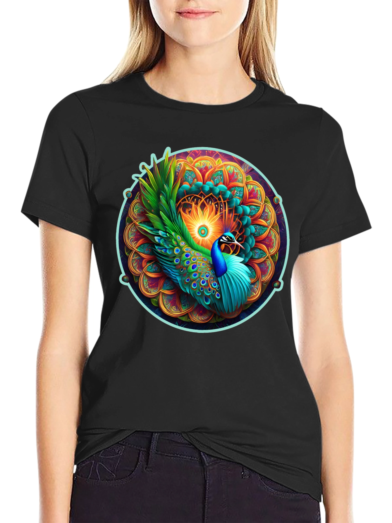 Peacock Mandala Graphic Tee - Vibrant Artistic Design