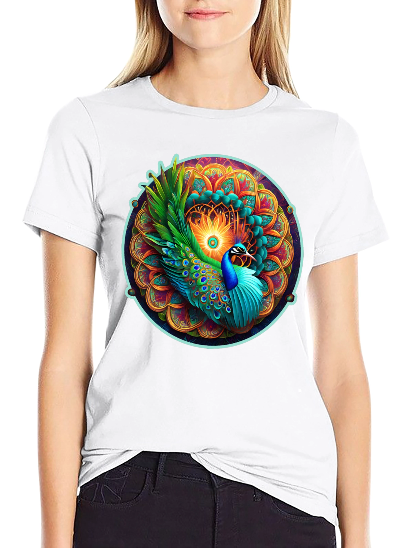 Peacock Mandala Graphic Tee - Vibrant Artistic Design
