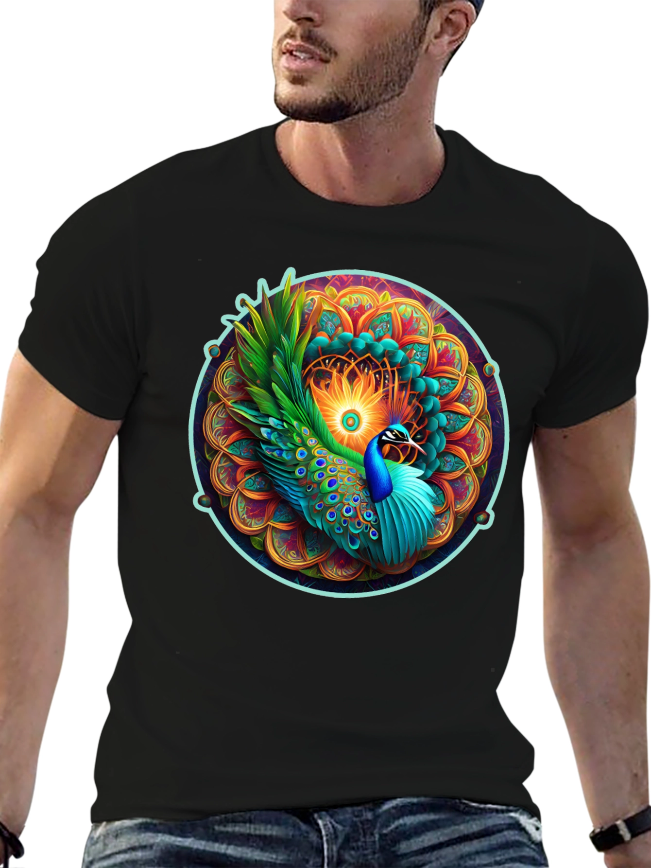 Peacock Mandala Graphic Tee - Vibrant Artistic Design