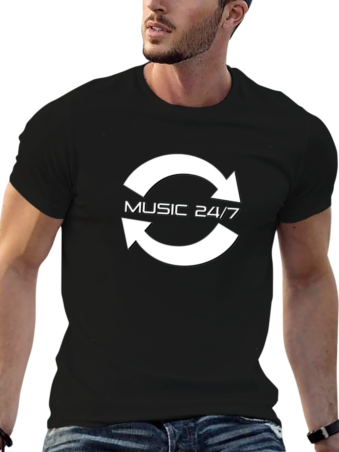 Music 24/7 Black Cotton Graphic Tee