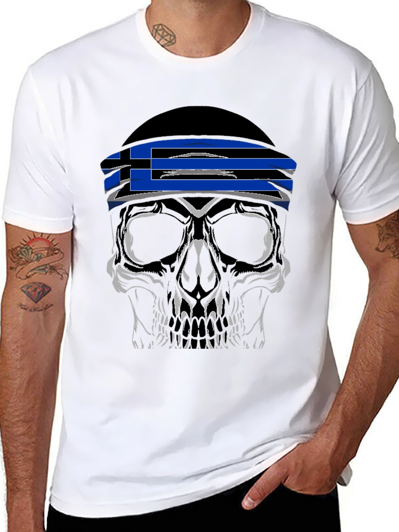 Skull Tee with Greek Flag Bandana