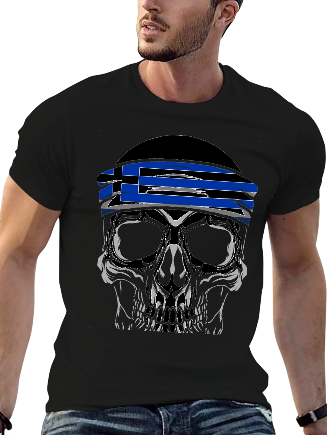 Skull Tee with Greek Flag Bandana