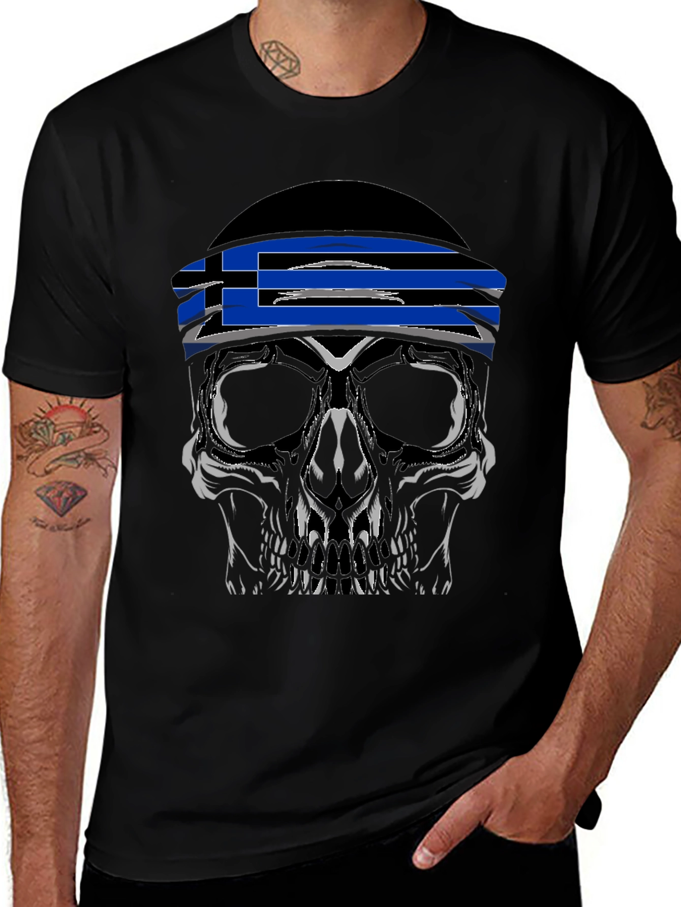 Skull Tee with Greek Flag Bandana
