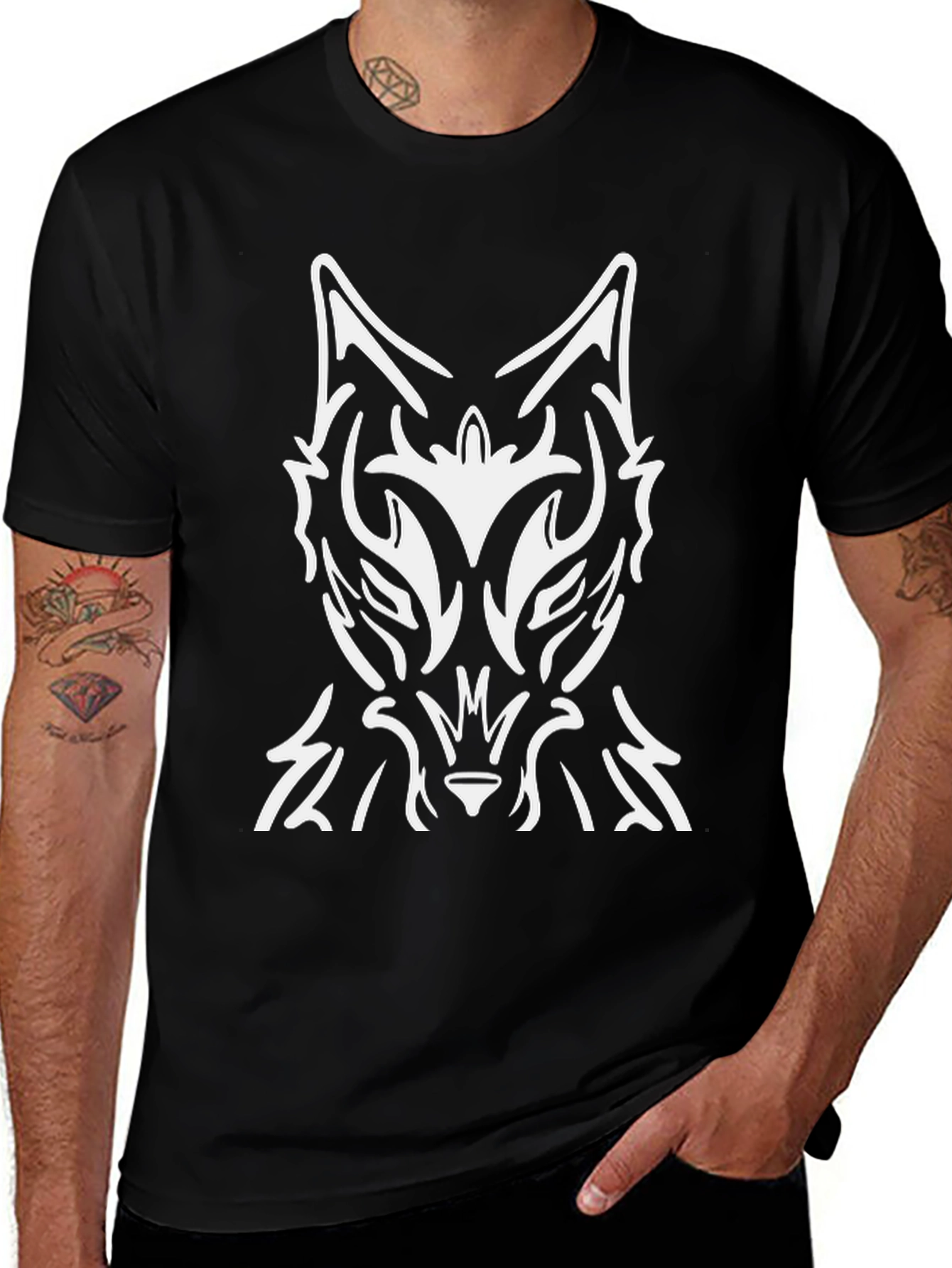 Black T-Shirt with Abstract Wolf Graphic