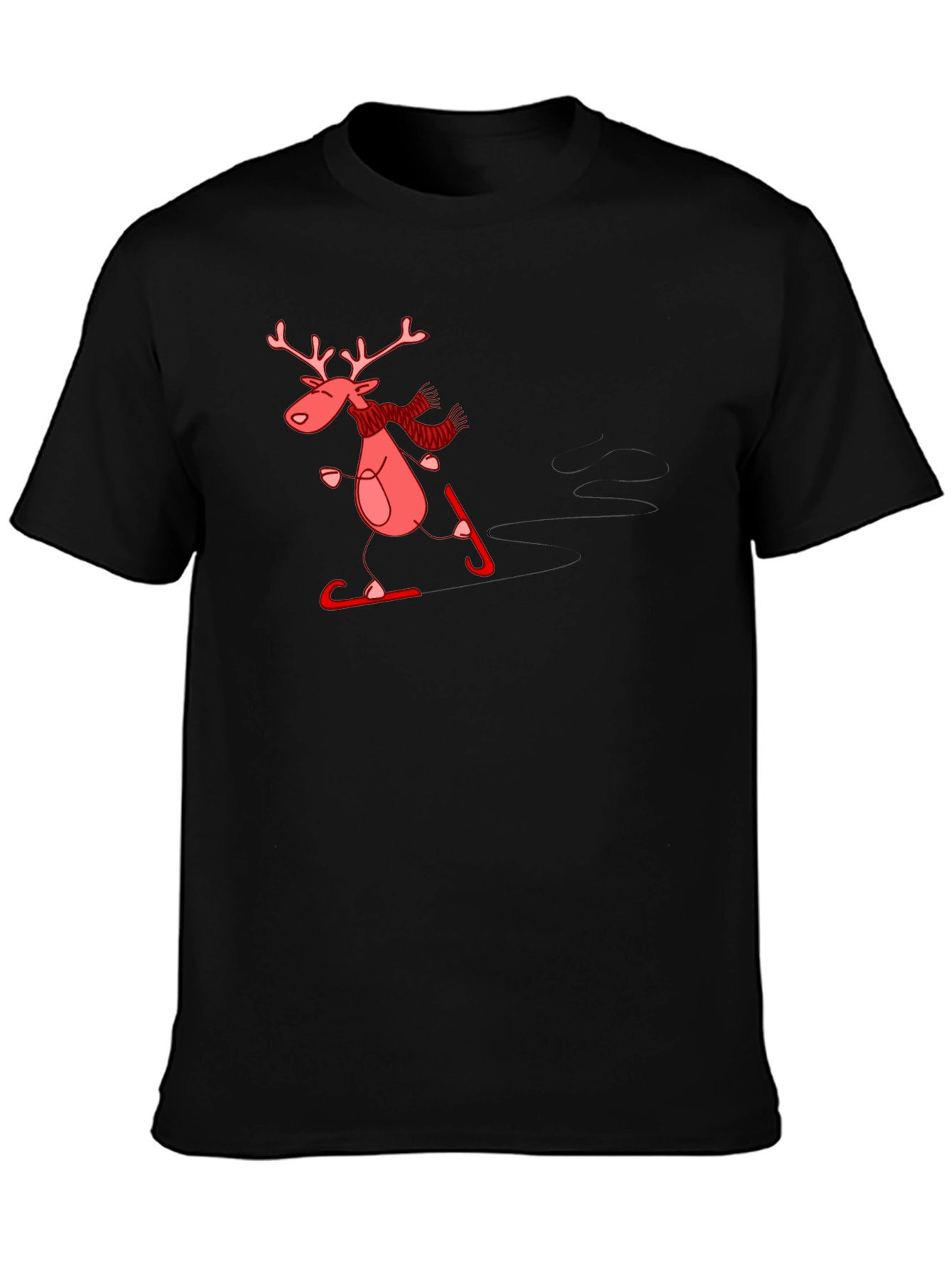 Skiing Reindeer Graphic Tee - Black Cotton T-Shirt