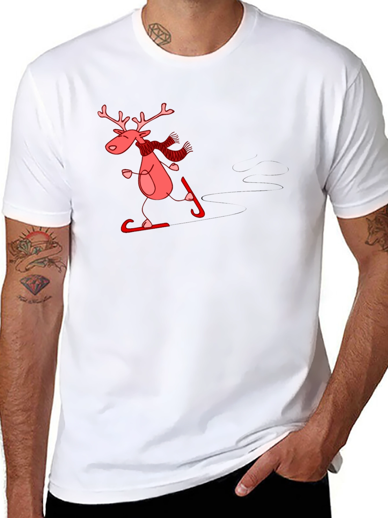 Skiing Reindeer Graphic Tee - Black Cotton T-Shirt