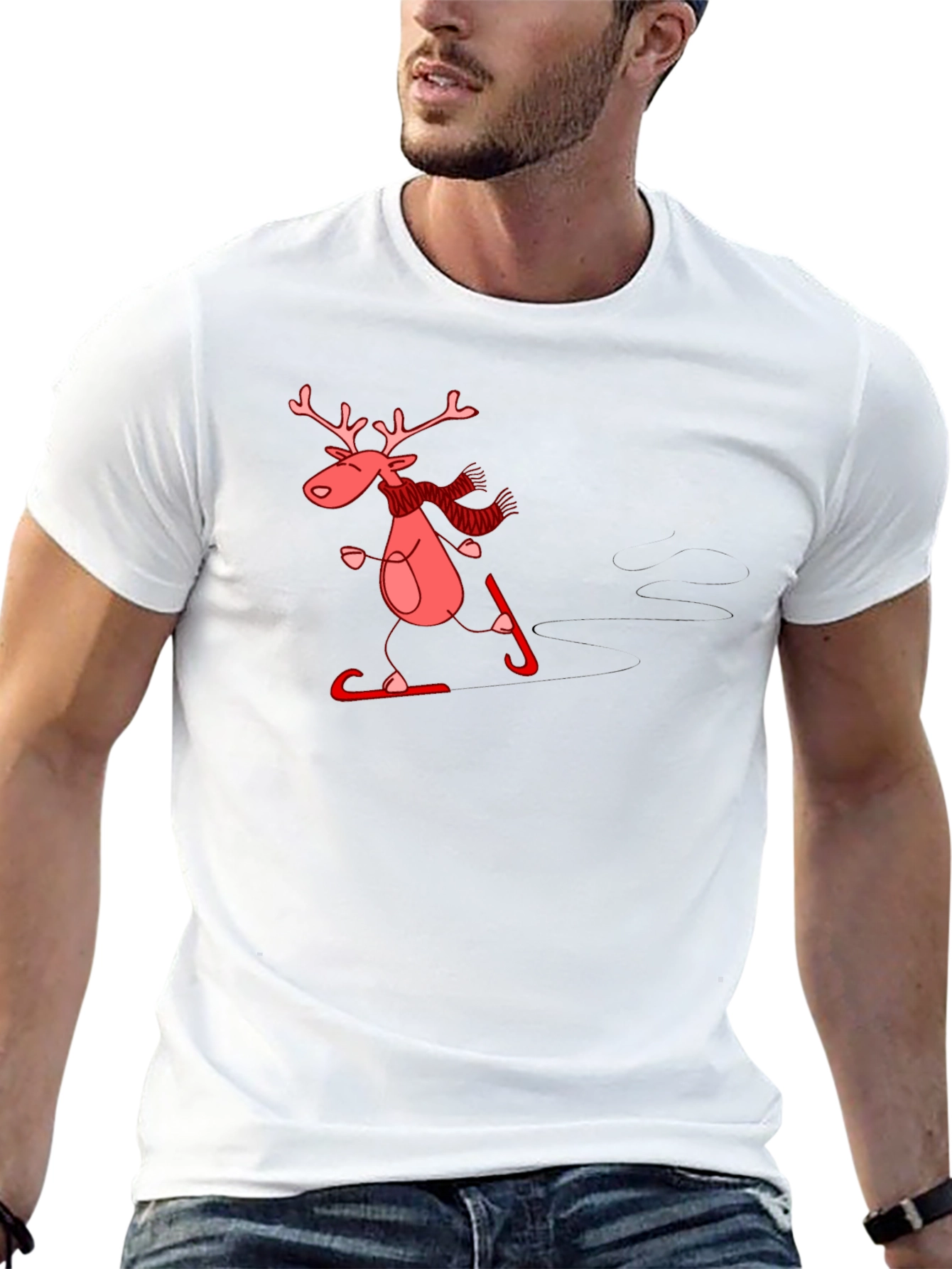 Skiing Reindeer Graphic Tee - Black Cotton T-Shirt