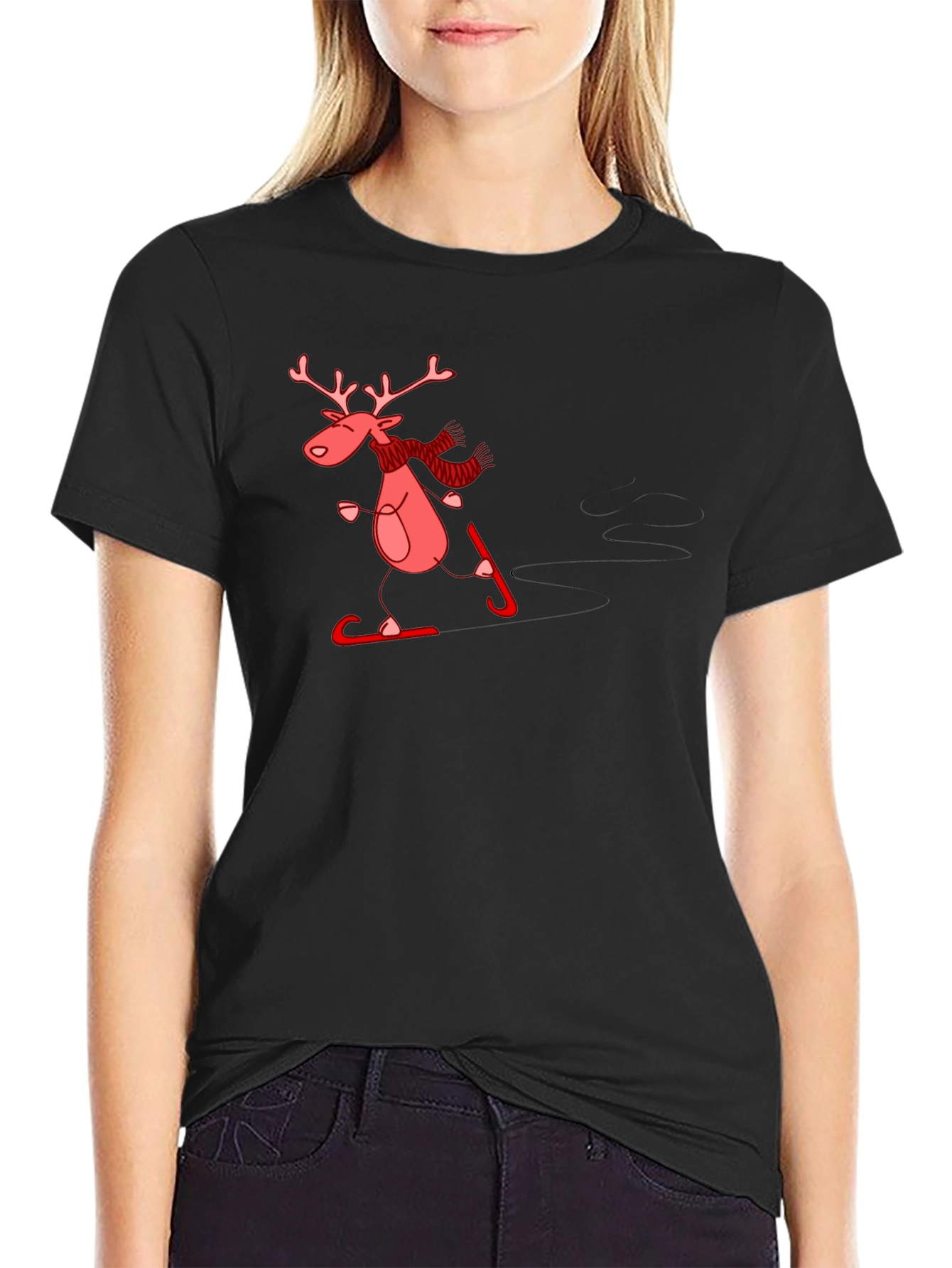 Skiing Reindeer Graphic Tee - Black Cotton T-Shirt