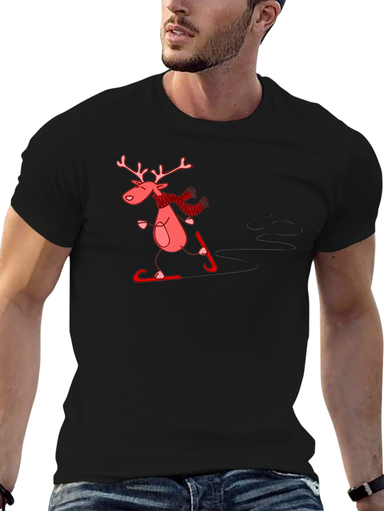 Skiing Reindeer Graphic Tee - Black Cotton T-Shirt