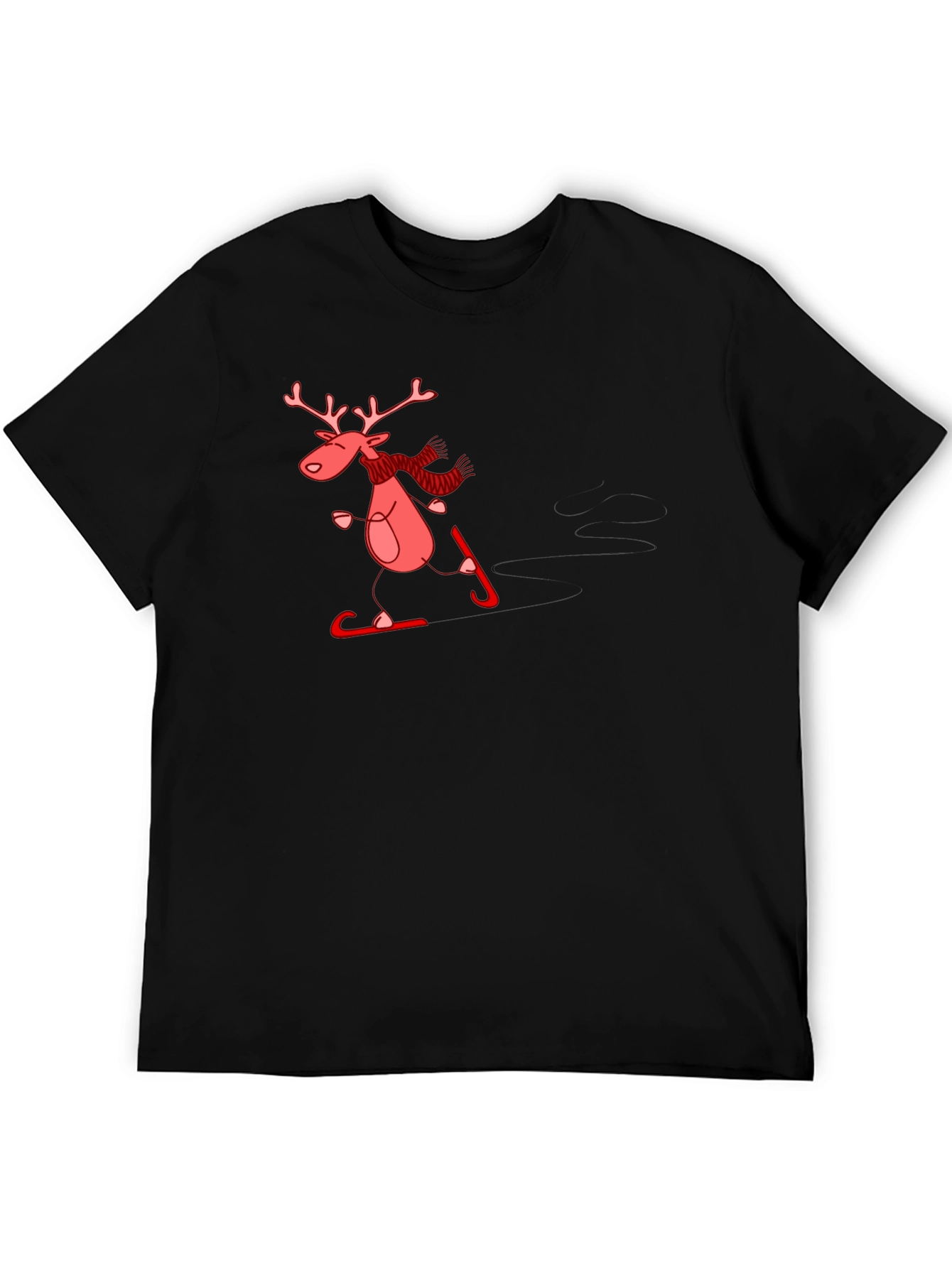 Skiing Reindeer Graphic Tee - Black Cotton T-Shirt