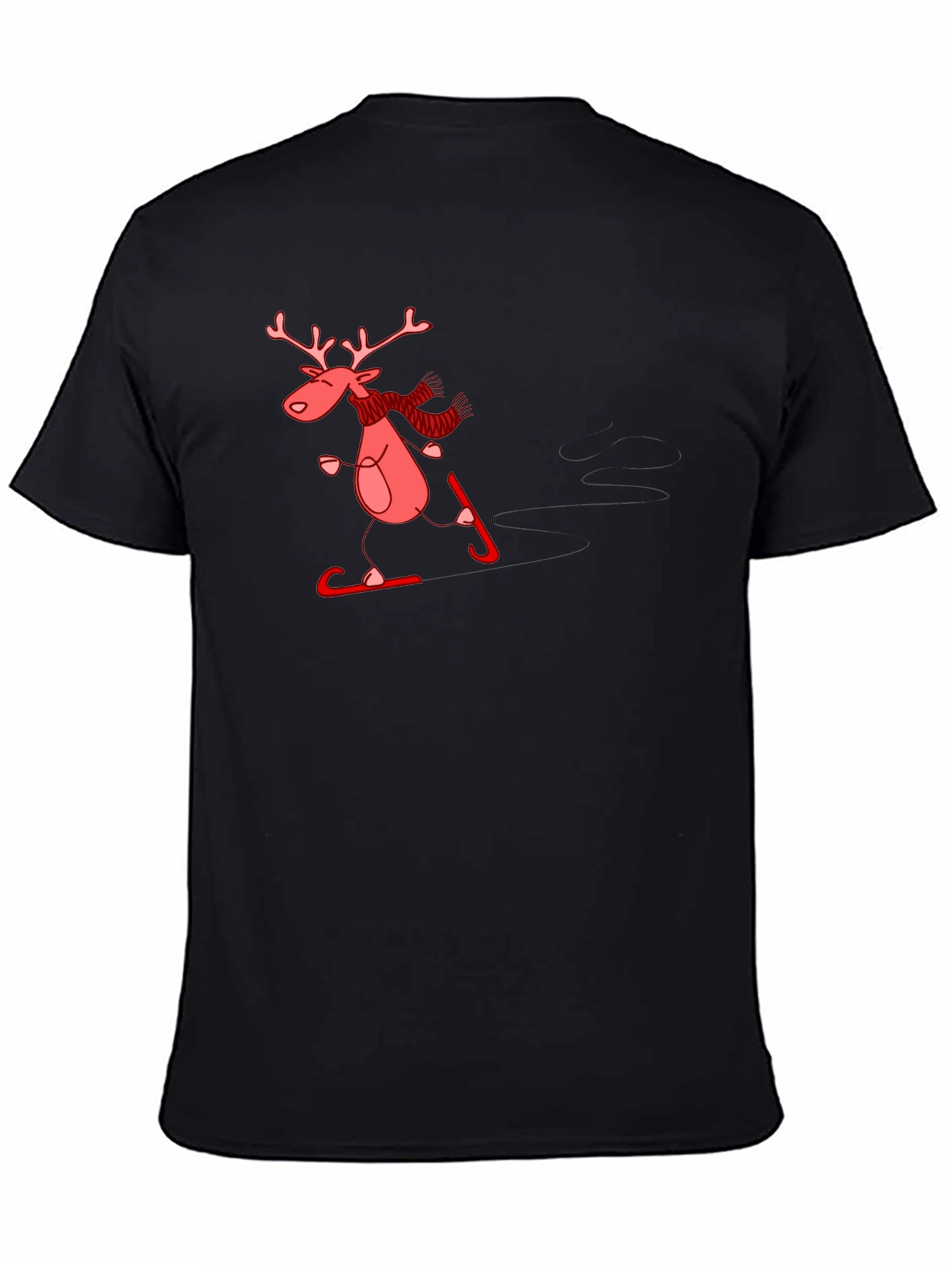 Skiing Reindeer Graphic Tee - Black Cotton T-Shirt