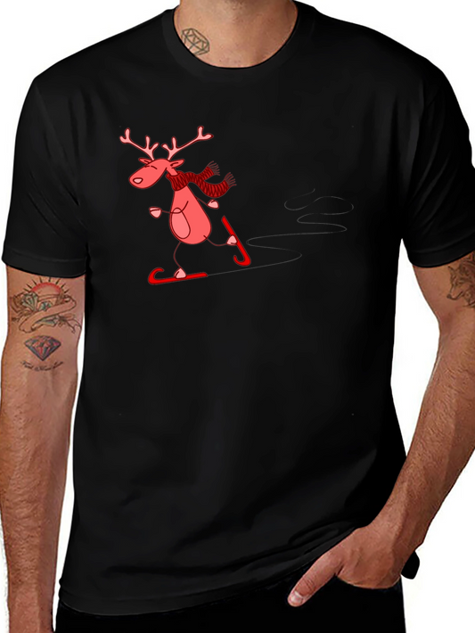 Skiing Reindeer Graphic Tee - Black Cotton T-Shirt