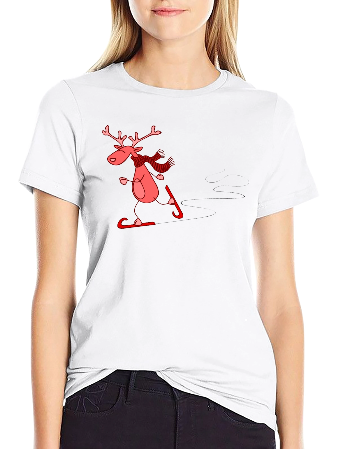 Skiing Reindeer Graphic Tee - Black Cotton T-Shirt