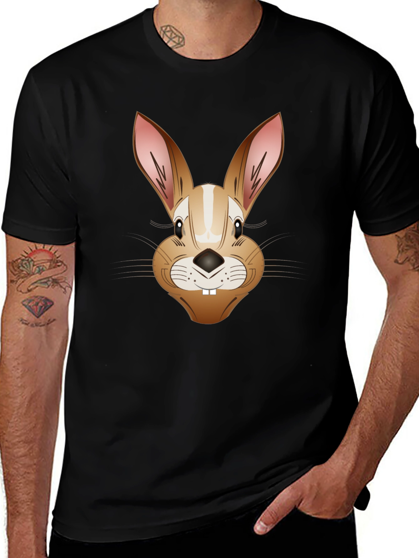 Funny Rabbit Face T-Shirt - Mens Black Tee