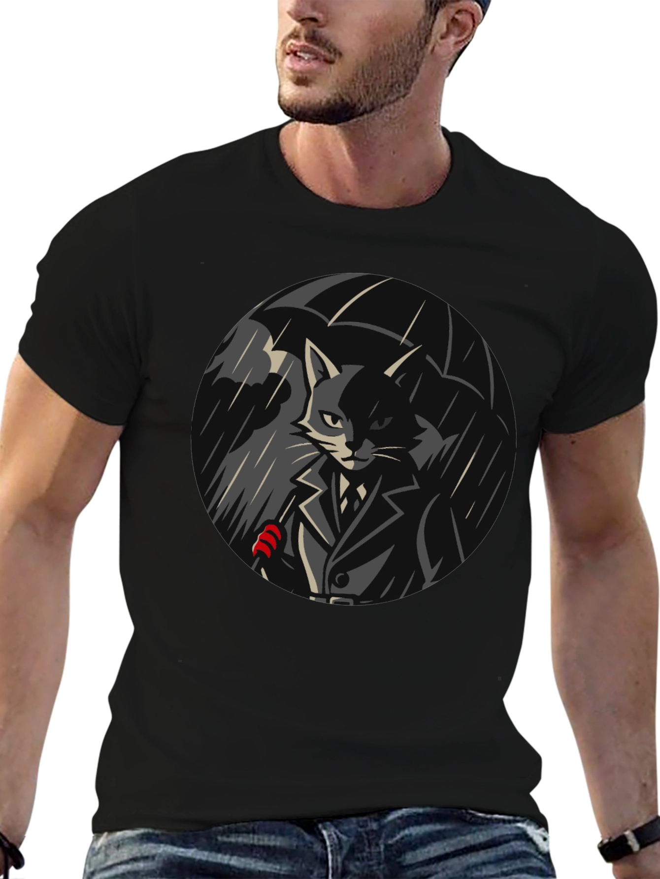 Cool Cat Under Umbrella Graphic T-Shirt