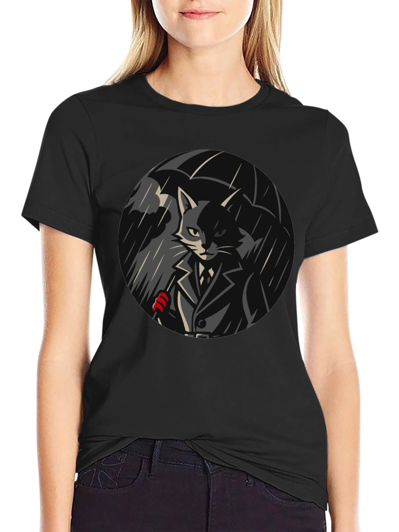 Cool Cat Under Umbrella Graphic T-Shirt