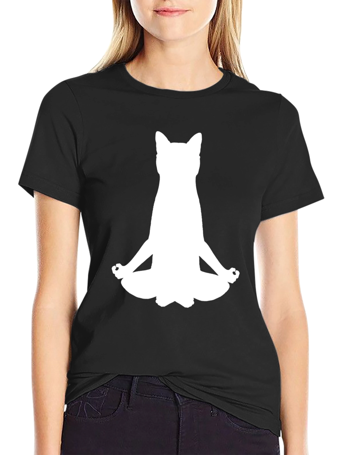 Meditating Cat Black T-Shirt - Yoga Kitten Tee