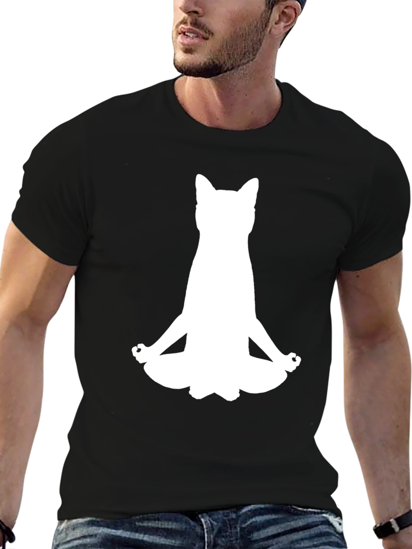 Meditating Cat Black T-Shirt - Yoga Kitten Tee