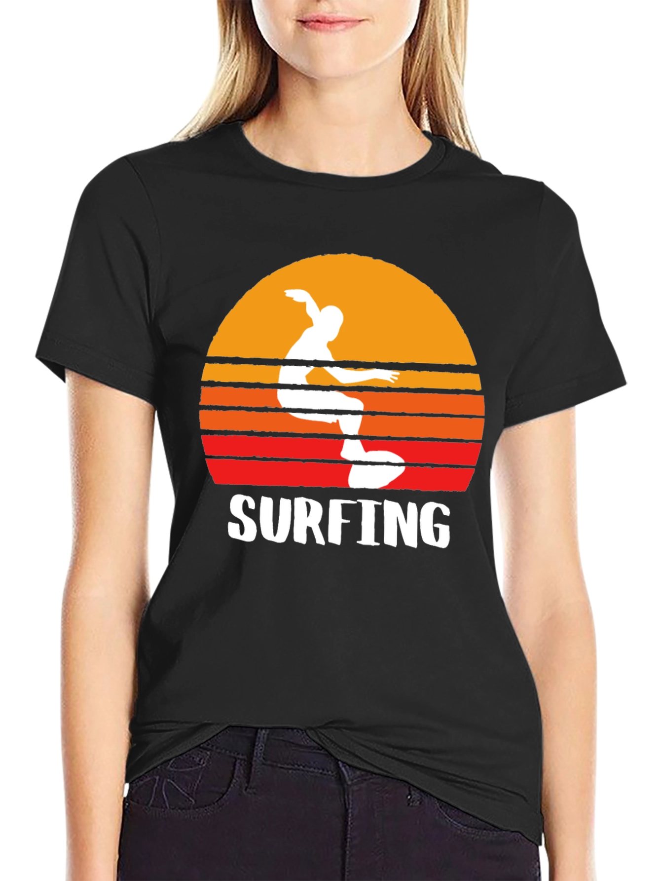 Surfing Sunset Graphic Tee - Black Cotton T-Shirt