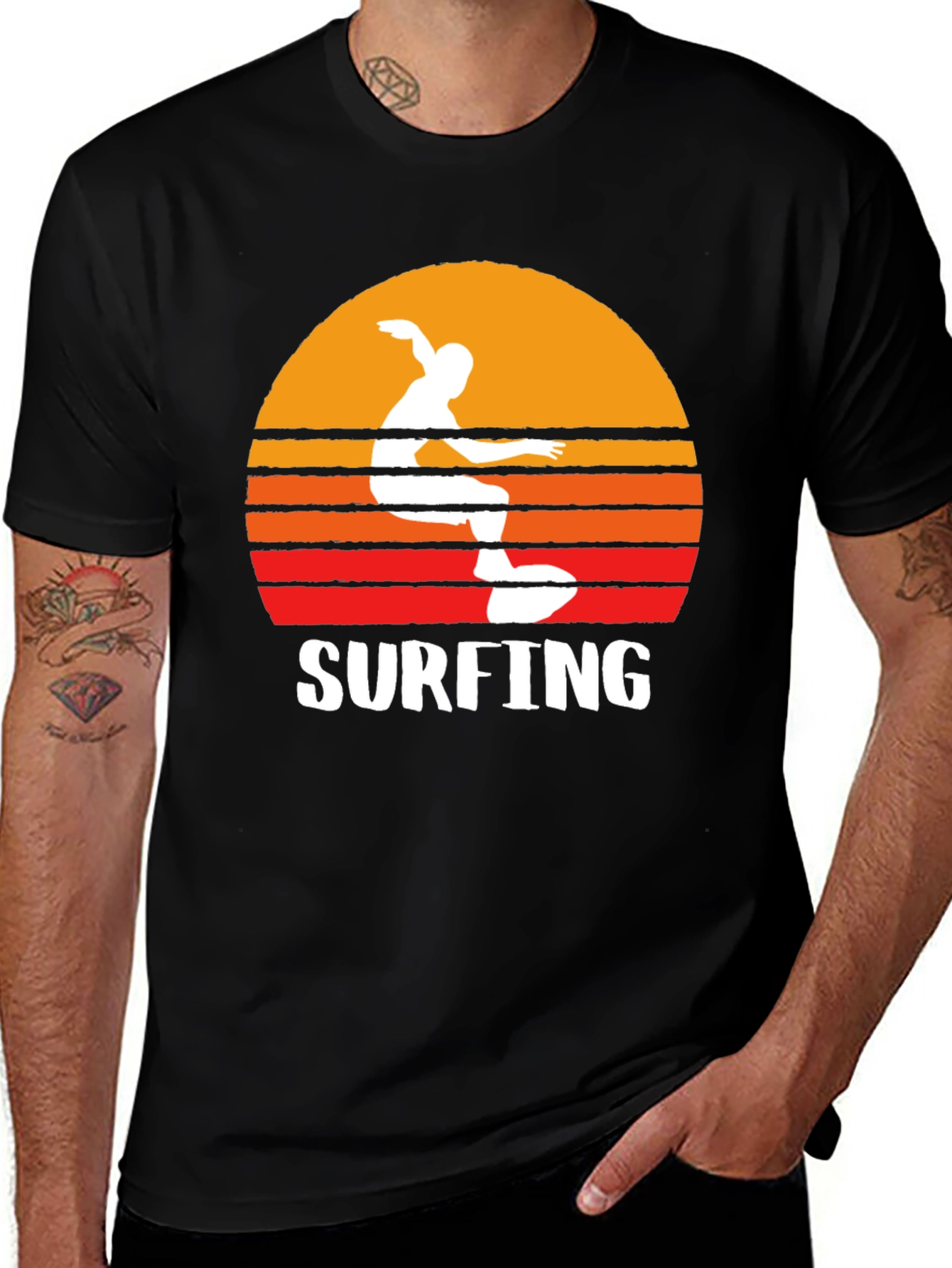 Surfing Sunset Graphic Tee - Black Cotton T-Shirt