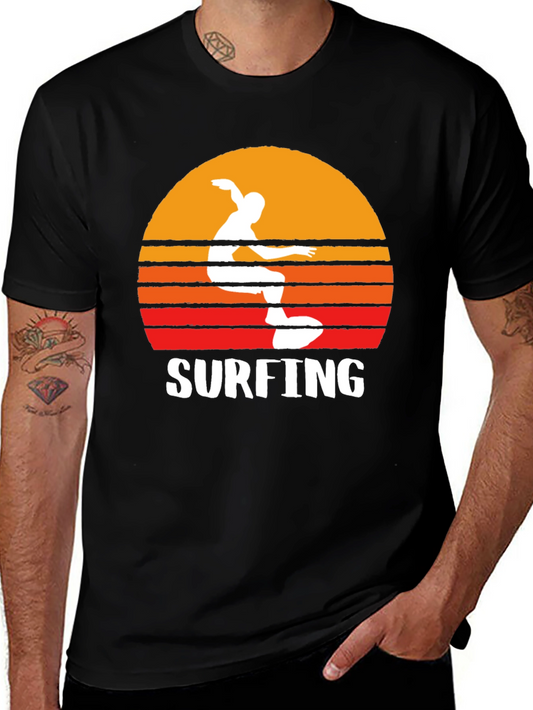 Surfing Sunset Graphic Tee - Black Cotton T-Shirt