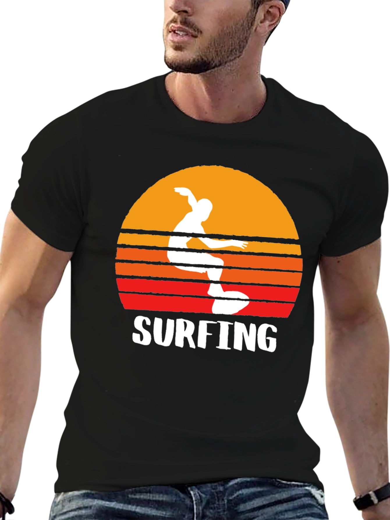 Surfing Sunset Graphic Tee - Black Cotton T-Shirt