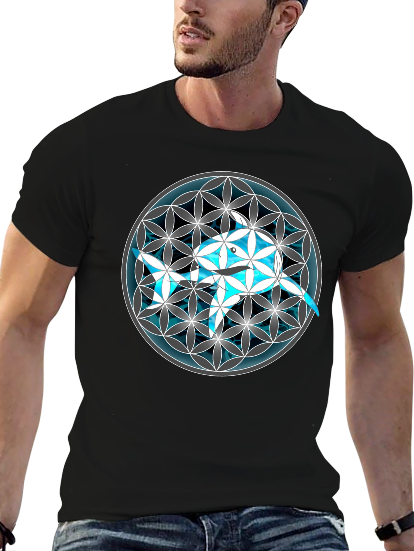 Geometric Dolphin Graphic Tee - Black