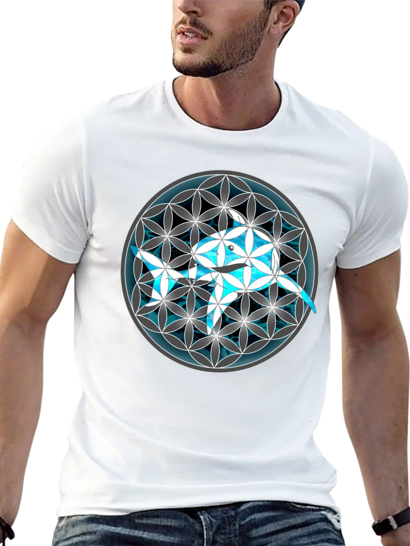 Geometric Dolphin Graphic Tee - Black