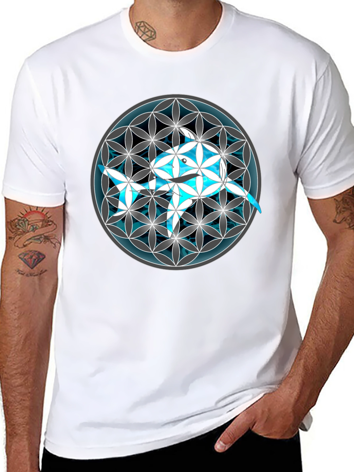 Geometric Dolphin Graphic Tee - Black