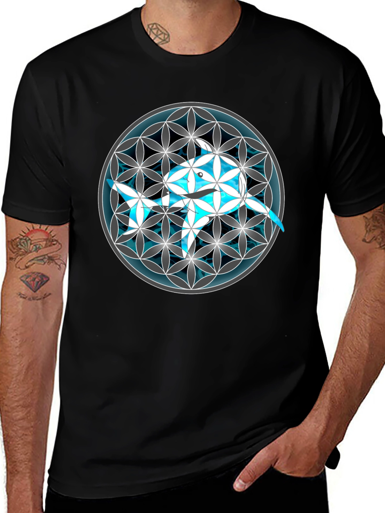 Geometric Dolphin Graphic Tee - Black