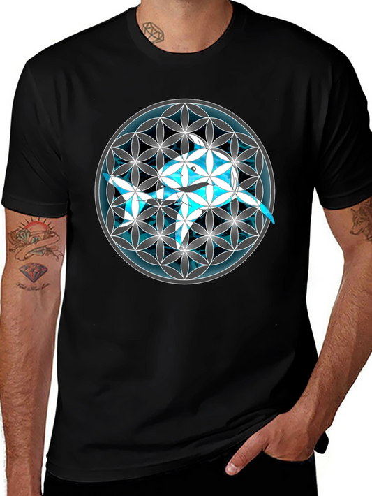 Geometric Dolphin Graphic Tee - Black
