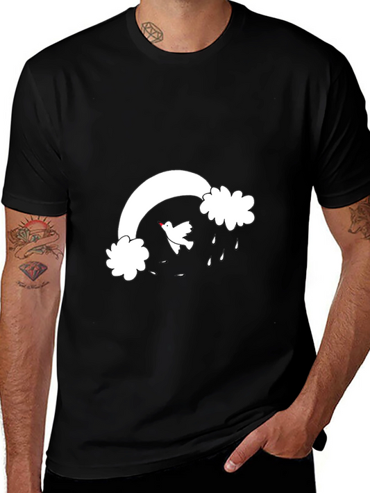 Dove & Rainbow Graphic Tee - Black Casual Cotton T-Shirt